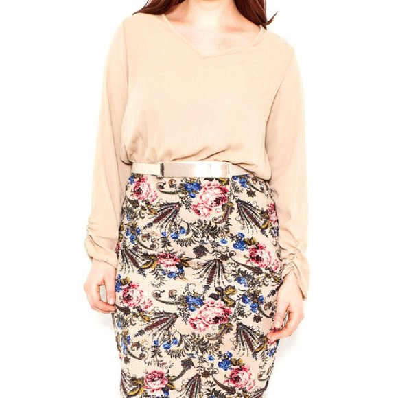 Blue Bell Ladies Sheath Dress V-Neck Long-Sleeve Beige Floral Size 3XL NWOT - Picture 2 of 5